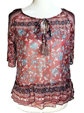 Knox Rose Peasant Blouse Womens XS Mulled Wine Floral Short Sleeve NWT Sheer